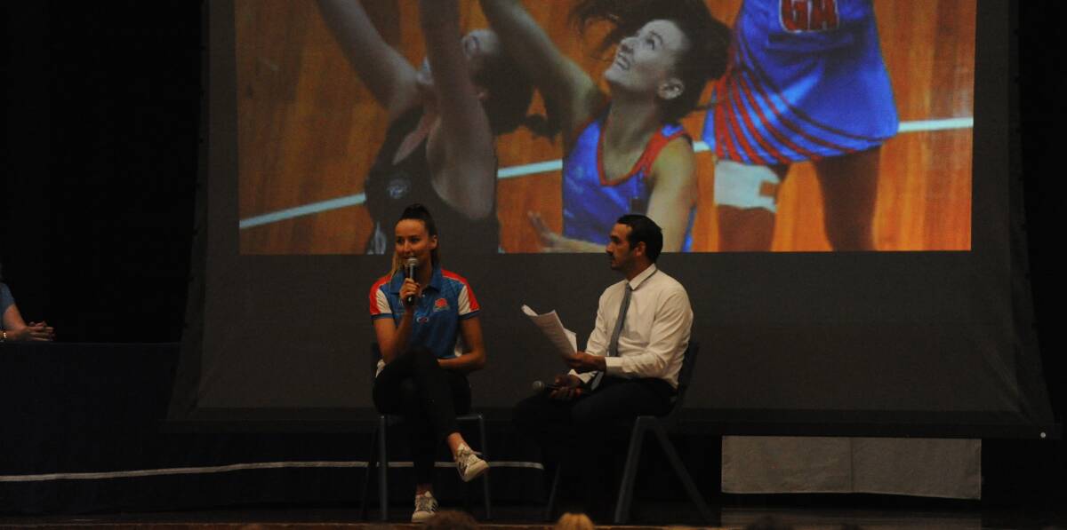 ON THE SPOT: NSW Waratahs star Alison Miller shares anecdotes during Wagga High School's sports presentation day. Picture: Lachlan Grey