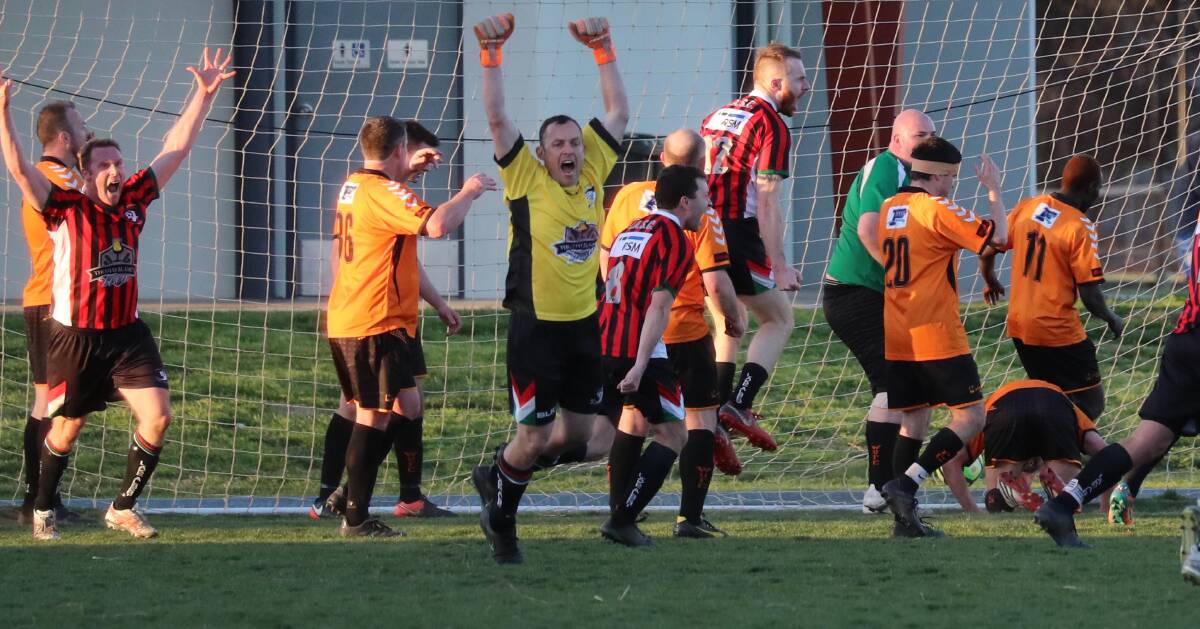 GOALIE ON THE RUN: Callander celebrates Nick Anderson's clutch goal after pushing upfield for the final corner. Picture: Les Smith