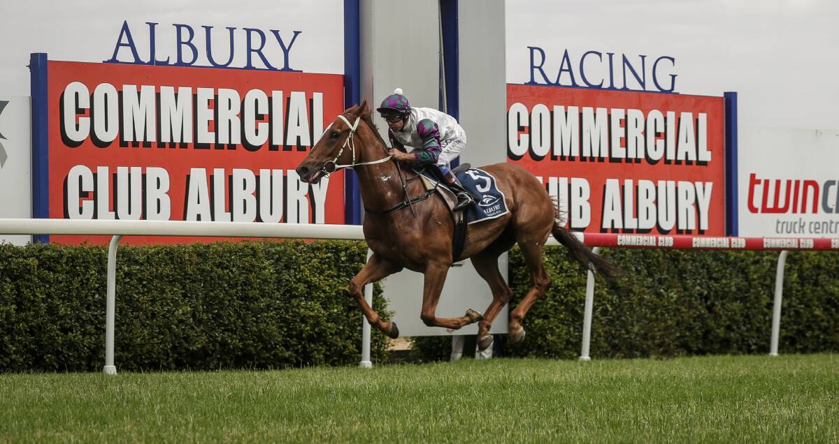 UNTOUCHABLE: Mount Horeb, trained by Kyneton's George Osborne and ridden by Nick Souquet, storms home at Albury Racing Club on Saturday.