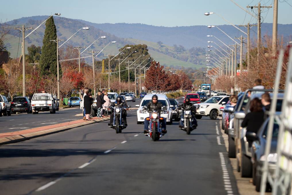 ESCORT: The hearse made its way from North Albury to the Jindera Lutheran Cemetery. Picture: JAMES WILTSHIRE