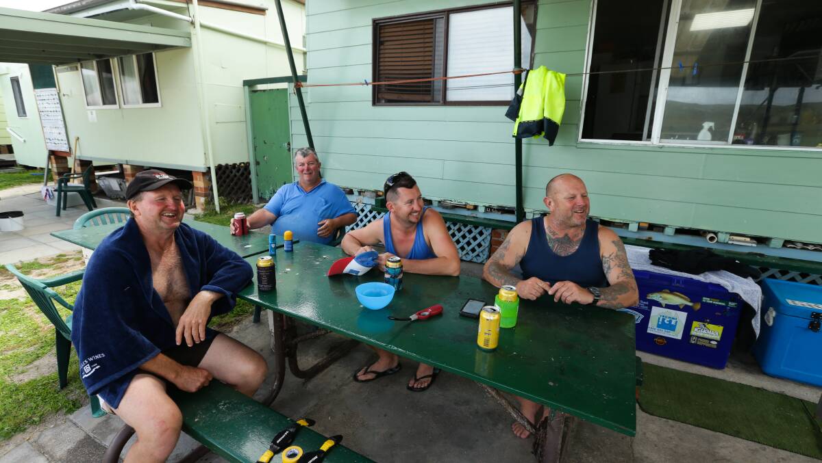 Fishing mates Jeff Nevin, Larry Timmins, Steve Nevin and Mick Edwards outside the Snapper Tracker hut. Picture: Jonathan Carroll
