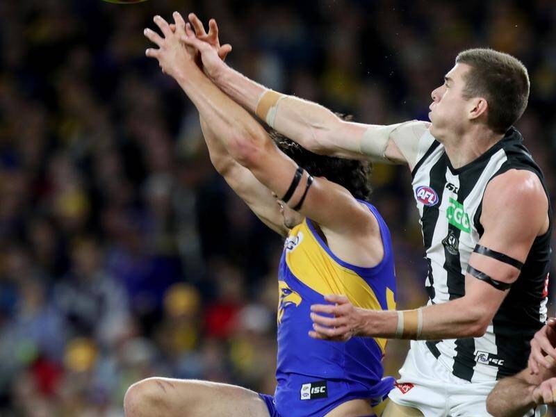 Tom Barrass (extreme left) and Mason Cox are set for one big battle in the AFL grand final.