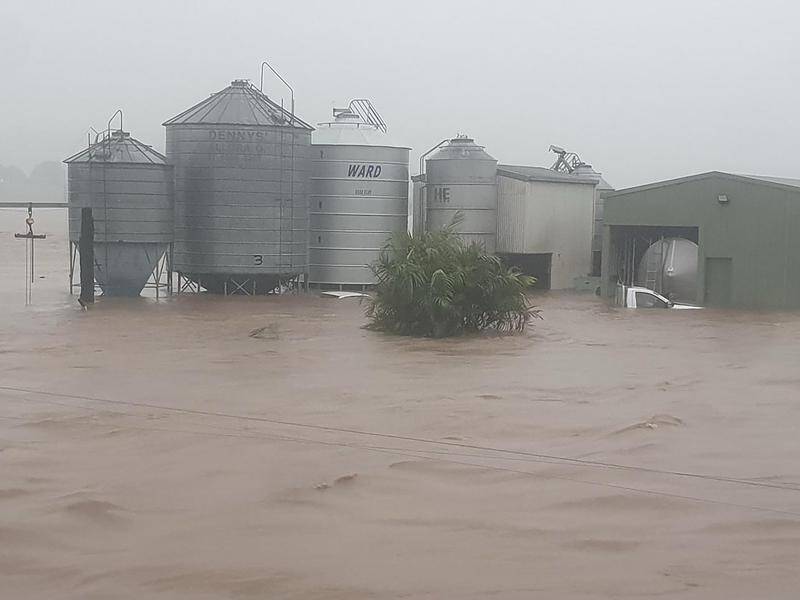 Raging floodwaters inundate a dairy property near Lismore in New South Wales in February 2022. (PR HANDOUT IMAGE PHOTO)