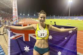 Australia's Delta Amidzovski celebrates her hurdles win at the Commonwealth Youth Games. (PR HANDOUT IMAGE PHOTO)
