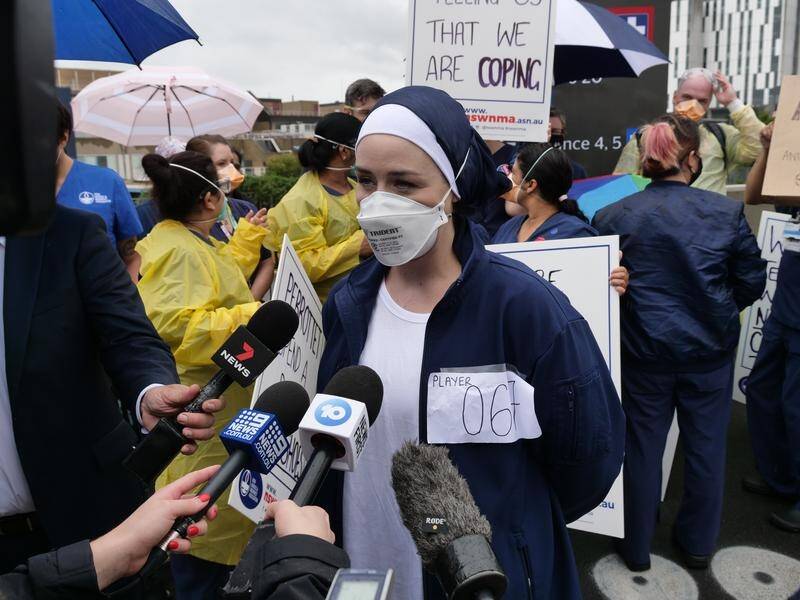 ICU nurse Amy Halvorsen speaks to reporters at a protest outside Westmead Hospital in Sydney.
