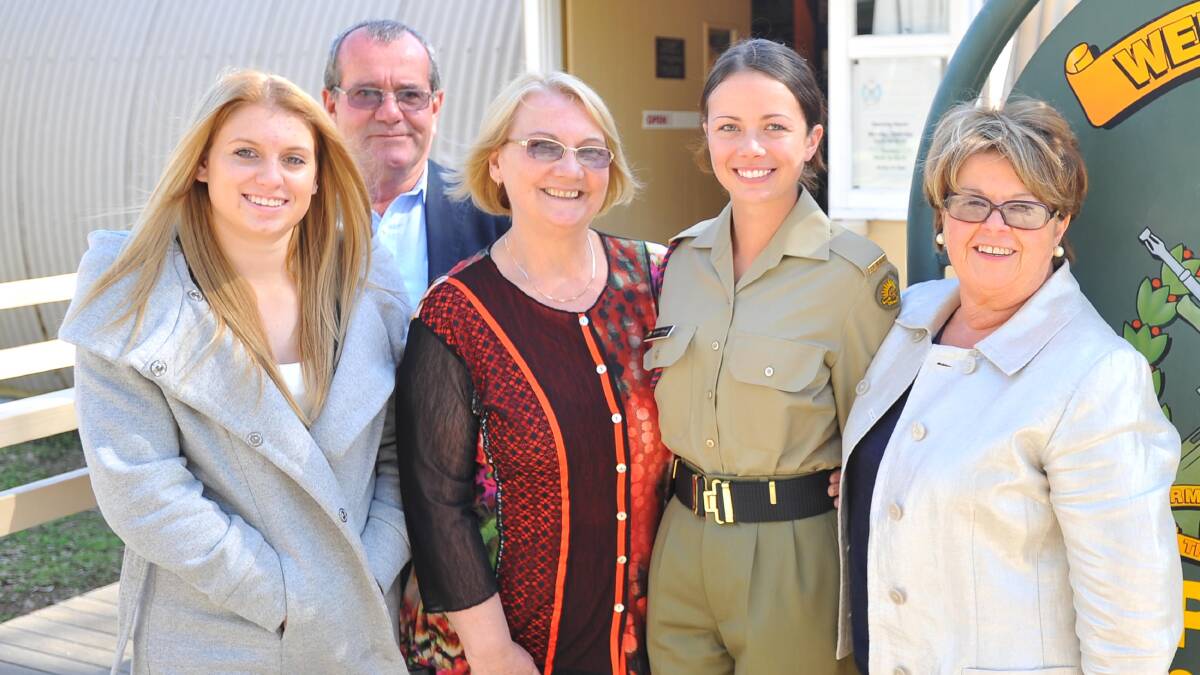 Anzac Day march out at Kapooka. Private Kayla O'Brien is joined by best friend Alex Harding, grandfather Mike O'Brien, nanna Ruth Milkins, and grandmother Joan Mary O'Brien, all from Canberra. Picture: Kieren L Tilly 