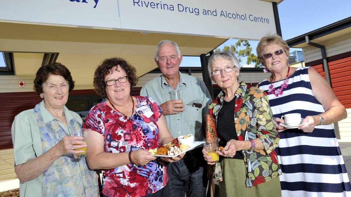 FUNDING RECOVERY: Calvary Auxilary members (left) Judy Buchanan, Calvary Chief Jo Williams, John and Margo Doherty and Di Francis celebrate raising $25,000 to support program and facility expansion at the new Riverina Drug and Alcohol Centre. Picture: Les Smith