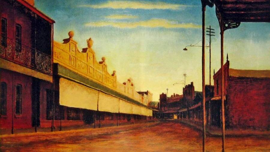 CROOKED MILE: Sir Russell Drysdale's artwork, inspired by West Wyalong's crooked main street. The piece was painted in 1949.