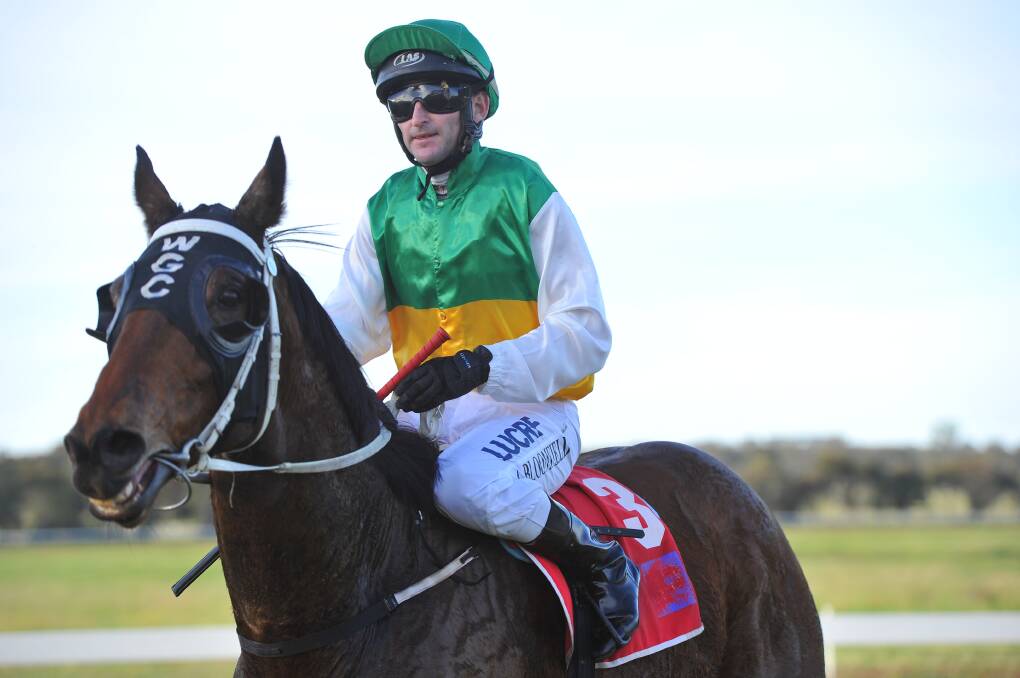 Jockey Andrew Bloomfield, pictured at the Narrandera races in July, was lucky to escape with only minor injures in a three-horse fall at Wagga on Friday that saw two other jockeys hospitalised. Picture: Laura Hardwick