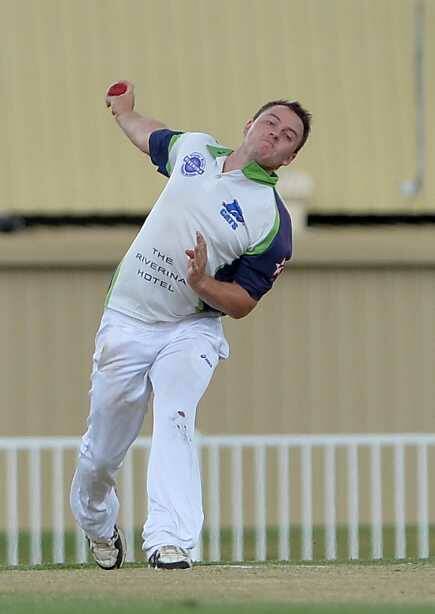 Dean Crane bowls for Wagga City during the South Wagga v Wagga City game at Robertson Oval on Saturday. Picture: Michael Frogley