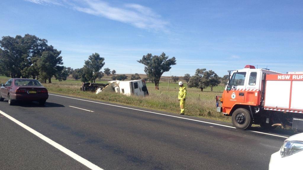 The scene of the single-vehicle accident on the Sturt Highway east of Wagga. Picture: Brodie Owen