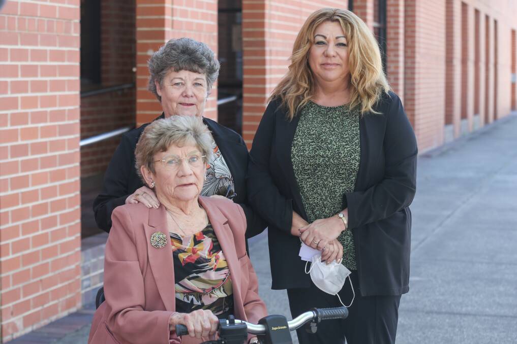 ANSWERS: Bronwynne Richardson's long suffering family members, including mum Noelle and sisters Janette Swinton and Fiona Hume, outside court on Monday. They later attended her grave for a private moment following findings into her death. Picture: TARA TREWHELLA