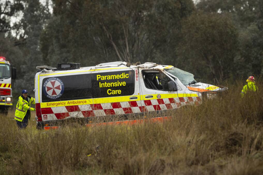 DAMAGE: The ambulance rollover was one of three serious crashes in the region on Saturday. Police on both sides of the border are preparing for road safety operations for the coming long weekend. Picture: ASH SMITH 