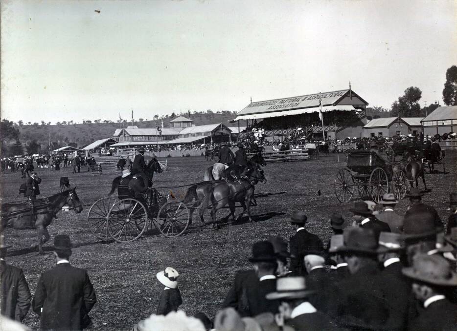 ALONG FOR THE RIDE: The Wagga Show, which began in 1864, is captured here about 1910 with horses and buggies parading around the main arena. Picture: Anthony Brunskill Album, Museum of the Riverina