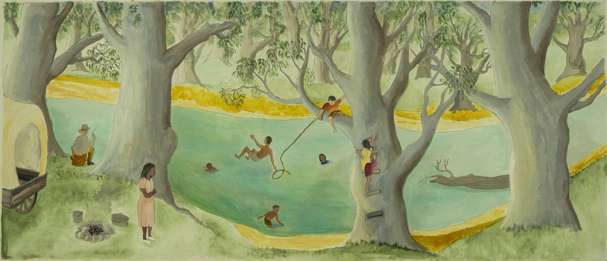 TRADITION: Swimming in the River, an illustration by Bernard Sullivan (2018), is from Murray Cod Story by Uncle Jimmy Ingram.