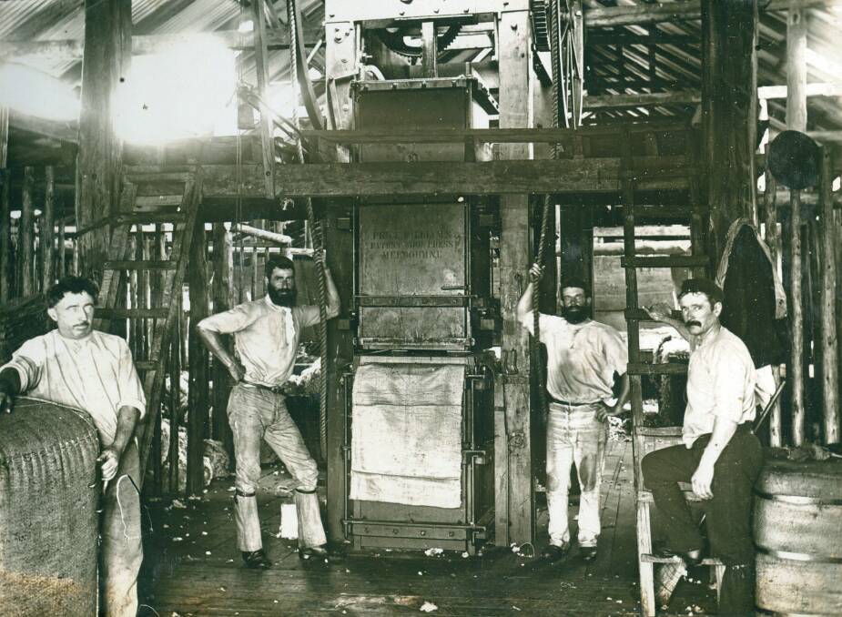 LOCAL INDUSTRY: Wool Pressing at Gobbagumbalin Station about 1910. Picture: Anthony Brunskill Album, Museum of the Riverina