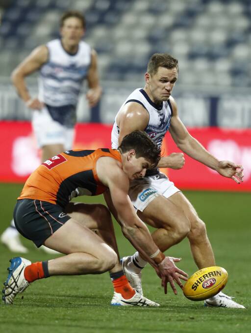 FINED: Joel Selwood of the Cats bumps Greater Western Sydney's Sam Taylor. Photo: Darrian Traynor/Getty Images