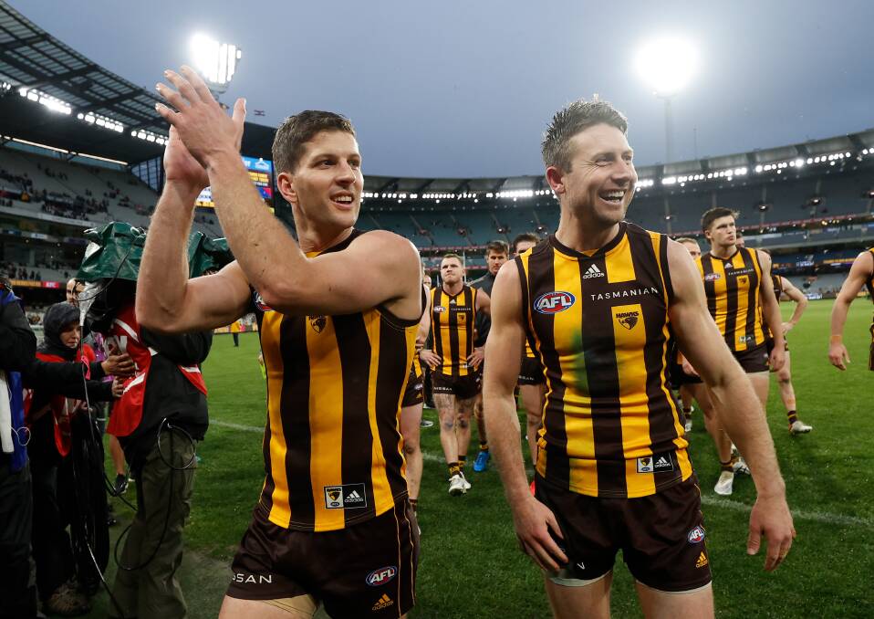 MILESTONE: Loyal Hawks Luke Breust and Liam Shiels marked 250 games with the club in round 12. Picture: Michael Willson/AFL Photos via Getty Images