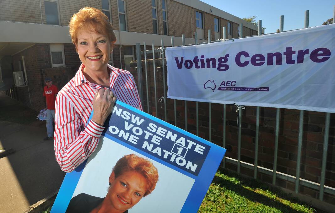 One Nation candidate Pauline Hanson at the Wagga pre-polling centre in 2013. Picture: Addison Hamilton