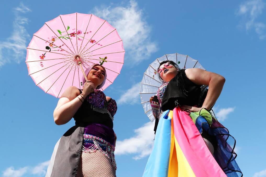 THROWBACK: Zoe Hadler and Emily Gordon get their best rainbow gear on at last year's first ever Wagga Mardi Gras celebration. Picture: Emma Hillier