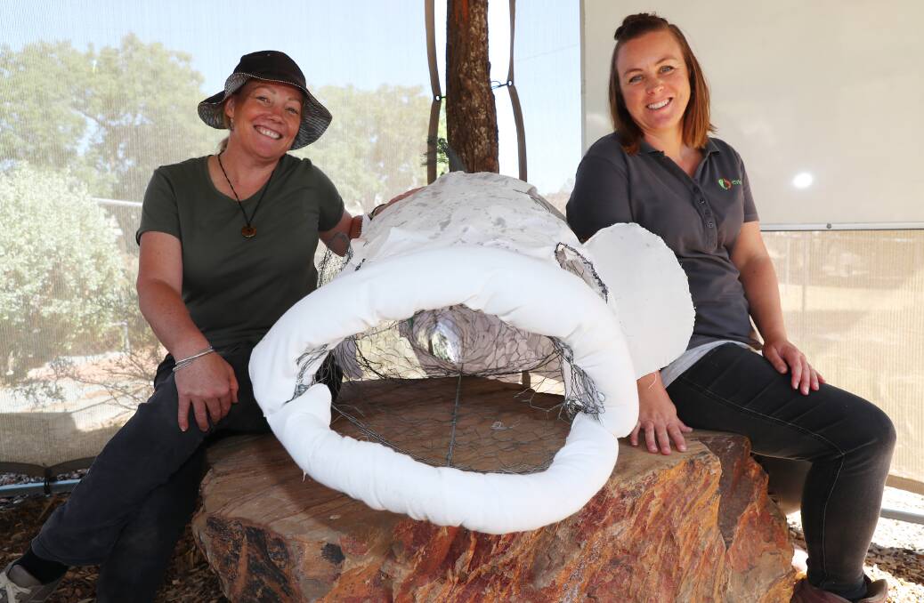 Kaz Leary and Tina de Jong with one of the sculptures at ErinEarth. 