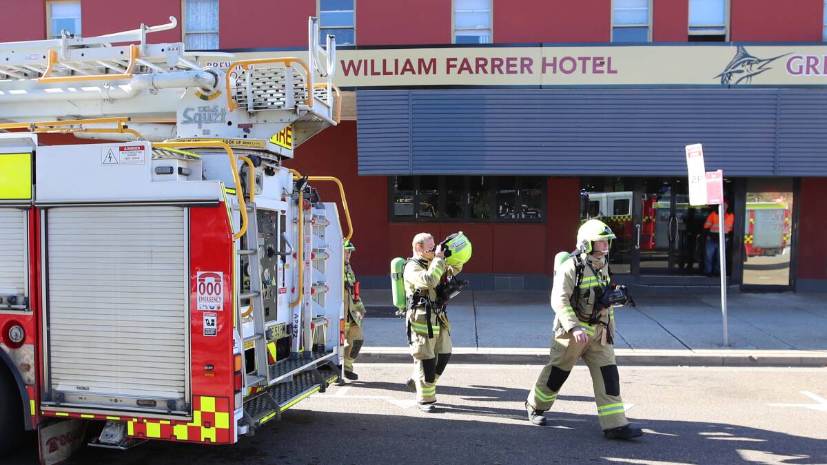 Police, fire and rescue, and ambulance were on scene at the William Farrer Hotel. Picture: Les Smith