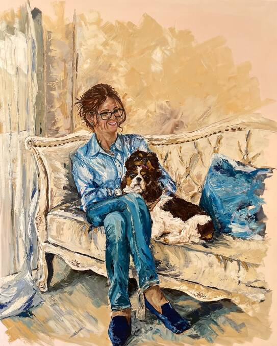 Maggie Deall painted Member for Cootamundra Steph Cooke with her two rescue dogs Lolly and Tilly. Picture: Contributed