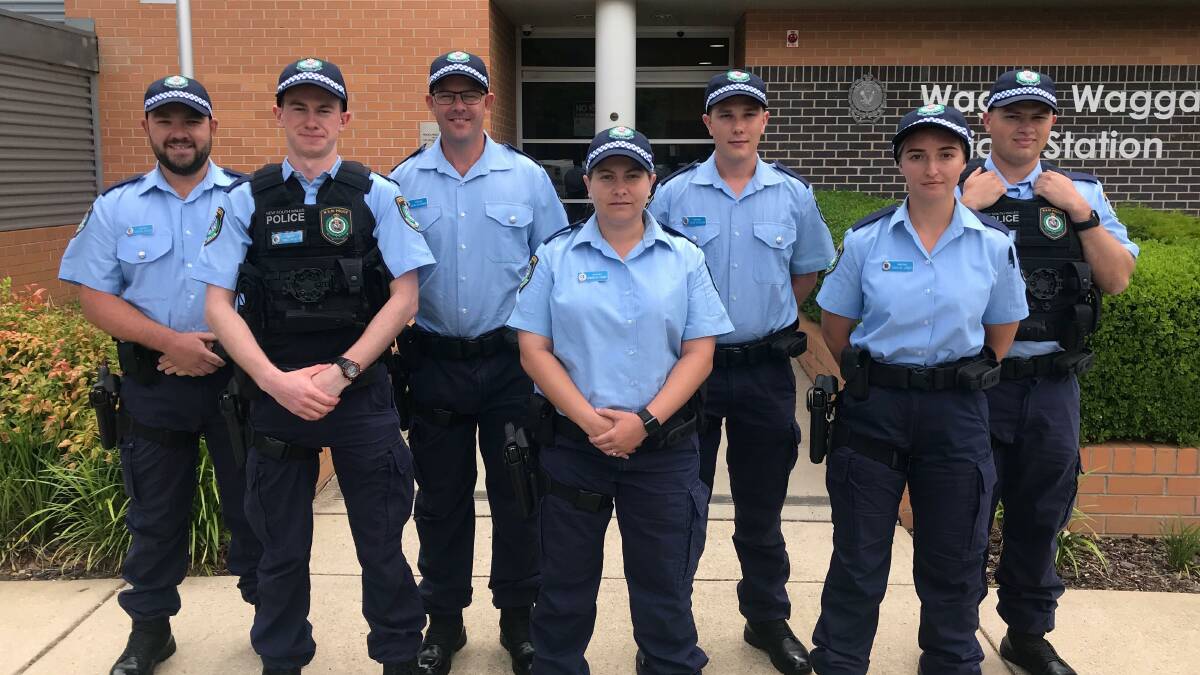 FRESH FACES: Josh Healey, Thomas Brunton, Adam Butkowski, Evangelia Vourlis, Evan Chalson, Taylor Jones and David Costa begin their first day on the beat at Wagga Police Station. Picture: Jessica McLaughlin