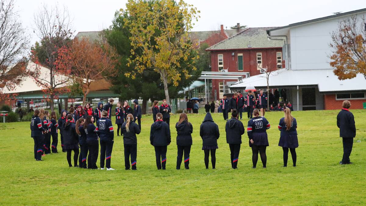 STRENGTH IN NUMBERS: Students gathered on the oval of Kildare College to show support for ex-principal Rod Whelan. Picture: Emma Hillier