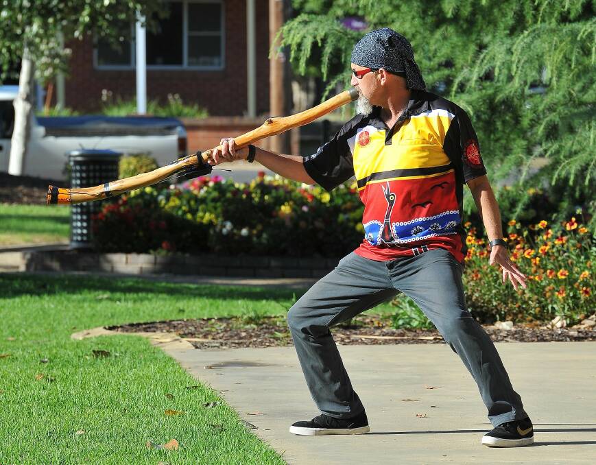 The Wiradjuri man played the didgeridoo for the crowd at Victory Memorial Gardens for Rotary Peace Day. 