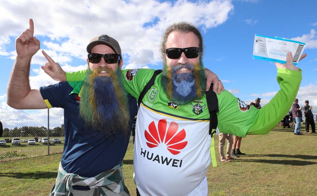 DESIGNER BEARDS: Michael Chittick from Wagga and Brendan O'Brien from Canberra took their support for the Raiders to the next level. Picture: Les Smith