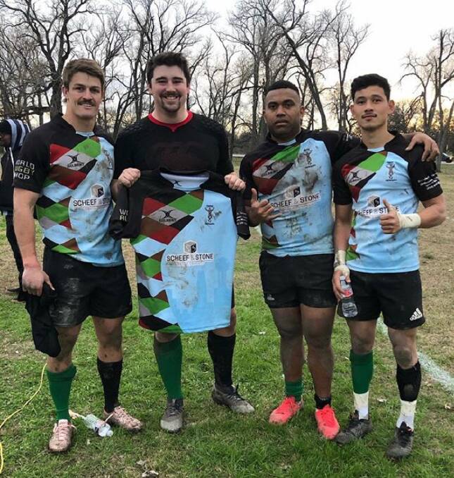 Hamish Dunbar, left, was living and working in Texas where he played for the Dallas Harlequins Rugby team. Picture: Contributed
