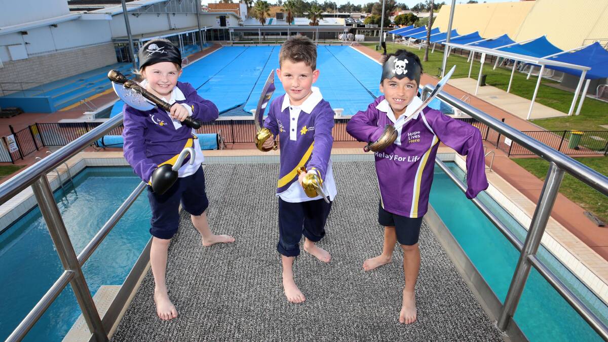 FIGHTING CANCER: Twins Bella and Tom Shumack, 9, with Xavier Depiazza, 9 are ready to walk the plank. Picture: Les Smith