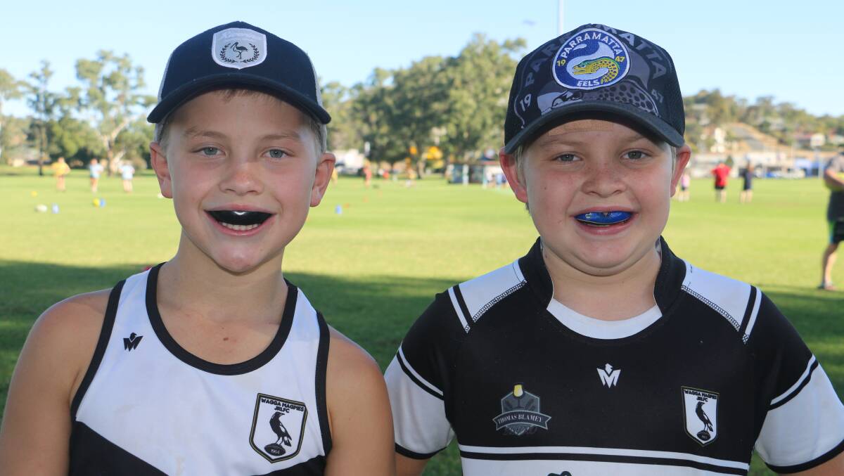 Josh Haisell, 9 and Nathan Hardy, 9 are all geared up for footy with mouthguards locked in place. Picture: Jessica McLaughlin
