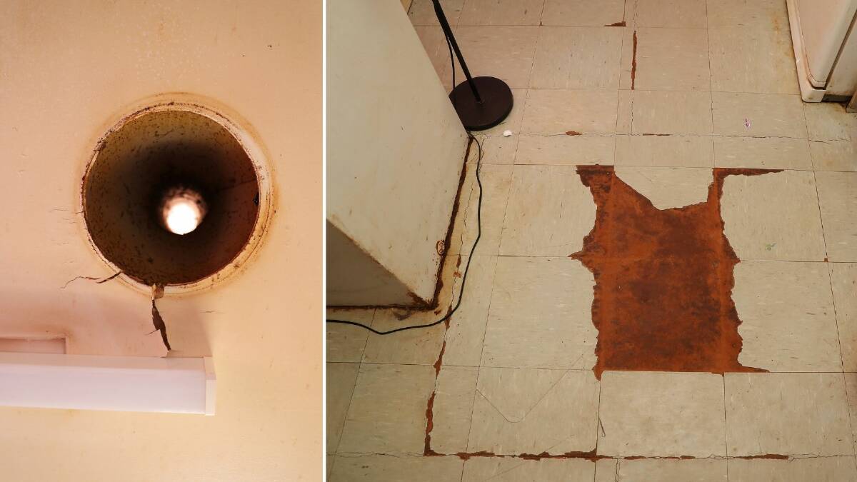 LEAK: The hole in Nicole's ceiling extends right through to the roof where water gets in. Below the hole, the flooring has sustained water damage. Pictures: Emma Hillier