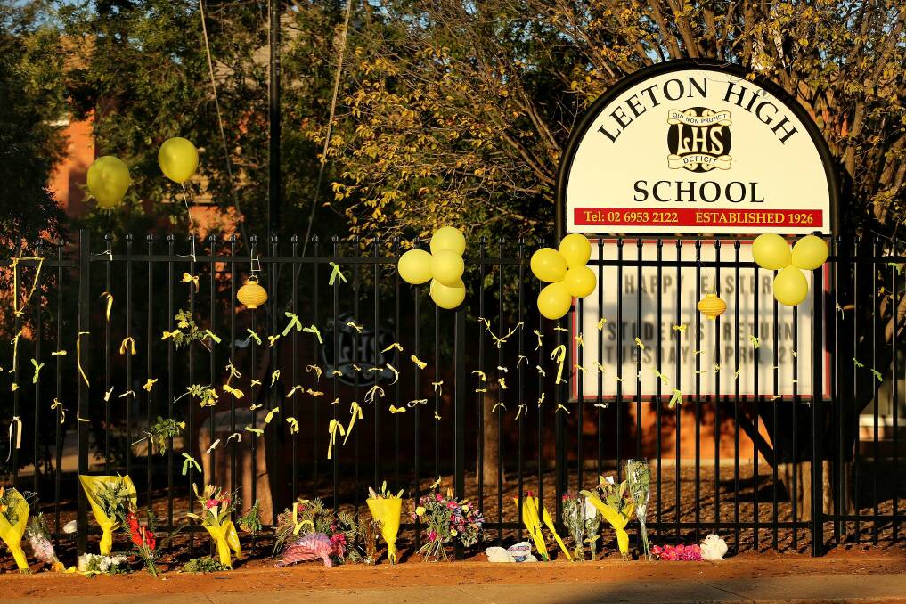 A memorial with Stephanie Scott's favourite colours set up outside Leeton High School. Picture: Contributed