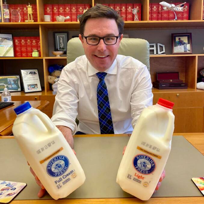 LOVE LOCAL: David Littleproud shows off Riverina Fresh milk - the dairy of choice at Canberra's Parliament House. Picture: David Littleproud MP