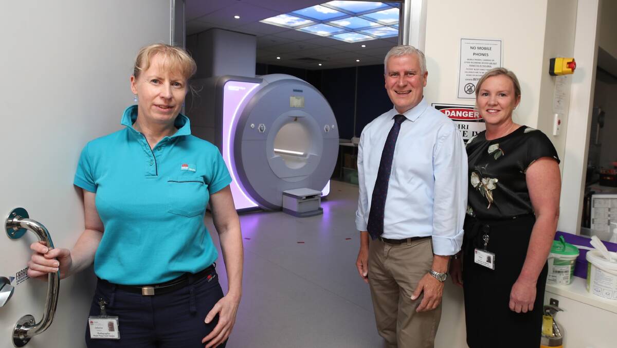 Chief radiographer Johanna Hawkins with member for Riverina Michael McCormack and director of Wagga Health Services Helen Cooper are all excited for the new announcement involving the WWBH MRI machine pictured. Picture: Les Smith