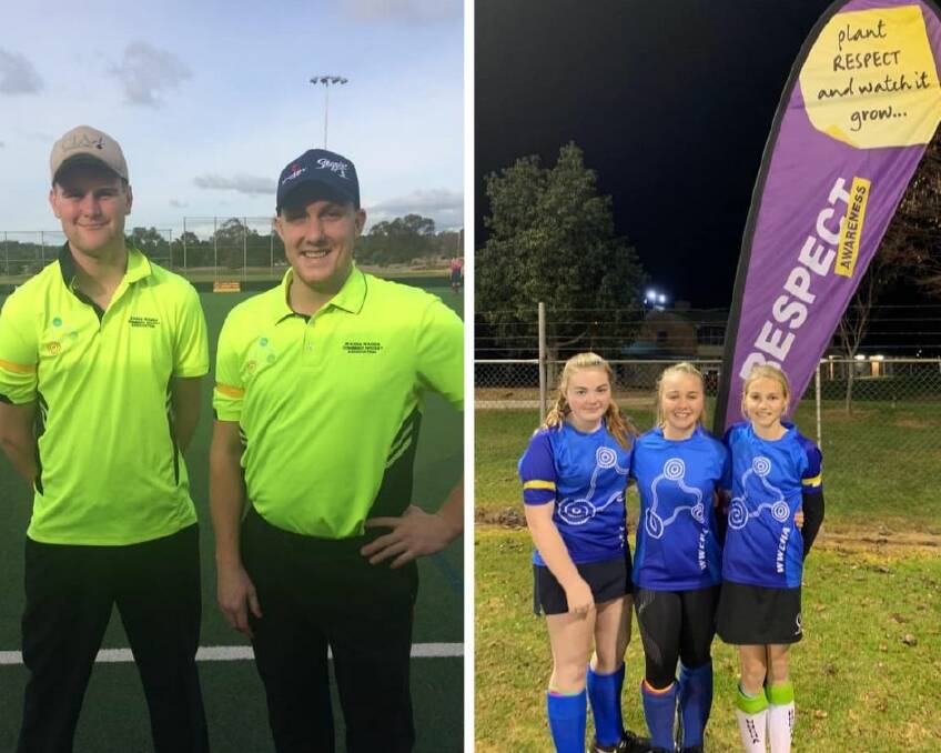 Umpires Jackson White and Cameron Tokley, with the Wagga Hockey junior girls Molly McDevitt, Maggie Lawrence and Summer Beresford getting on board Respect weekend. Pictures: Supplied
