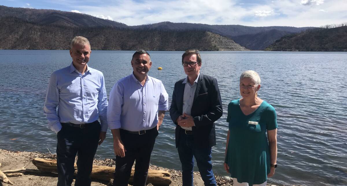 JOINT FORCE: Snowy Hydro CEO Paul Broad, Deputy Premeir John Barilaro, Wagga MP Joe McGirr and Snowy Valleys Councillor Cate Cross make the announcement together regarding a tourism upgrade for Talbingo. Picture: Jessica McLaughlin