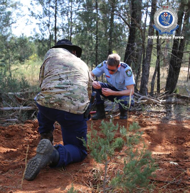 Riverina Police District Detective Inspector Adrian Telfer on site during the search for remains in Lester State Forest. Picture: NSW Police Force