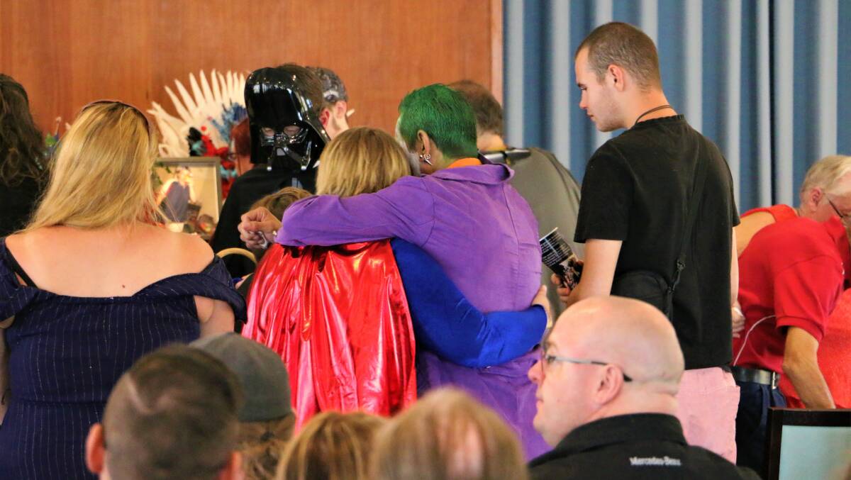 SUPER SEND OFF: Friends and family of Wagga man Peter Parker paid tribute to him at his funeral on Tuesday, dressed in superhero costumes. Picture: Jessica McLaughlin