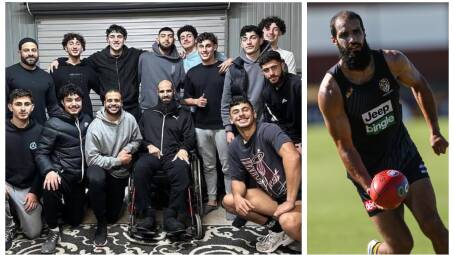 Former Richmond star Bachar Houli was in a wheelchair following a crash in the Upper Murray. Right, Houli trains at Birallee Park in Wodonga with the Tigers in 2016.