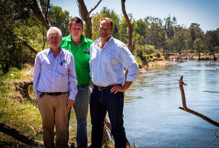 NSW Farmers' president Xavier Martin, National Farmers' Federation water chairman Malcolm Holm and National Farmers' Federation president David Jochinke visited a Bungowannah farm earlier this month to witness first hand the impact of excess water on bank erosion. Picture by Layton Holley