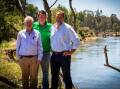 NSW Farmers' president Xavier Martin, National Farmers' Federation water chairman Malcolm Holm and National Farmers' Federation president David Jochinke visited a Bungowannah farm earlier this month to witness first hand the impact of excess water on bank erosion. Picture by Layton Holley