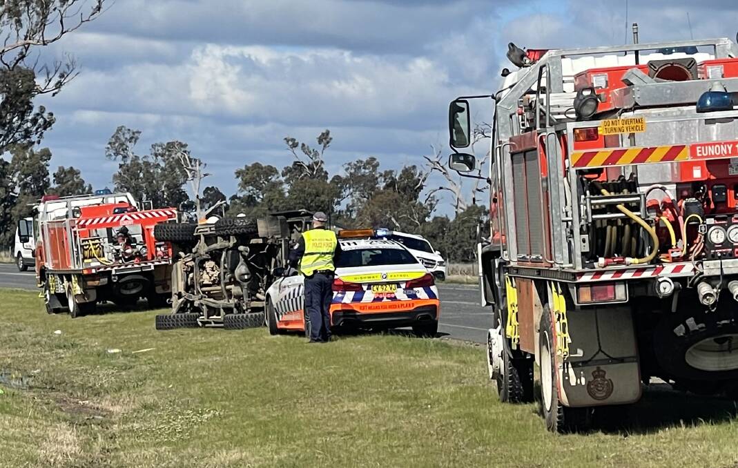 The scene of the single-vehicle rollover on Eunony Bridge Road at North Wagga on Friday afternoon. Picture: Taylor Dodge