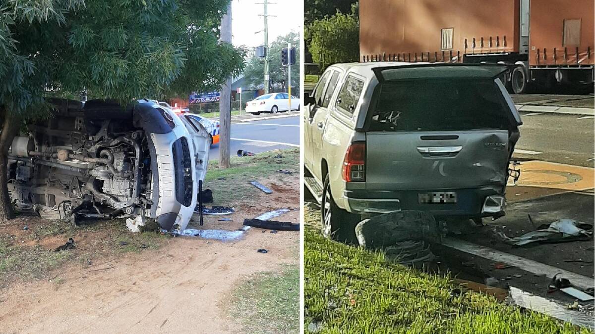The white Holden SUV police say crashed after trying to avoid road spikes on the Sturt Highway at Forest Hill on Thursday afternoon. The Holden also hit the rear of a Toyota HiLux. Pictures supplied.