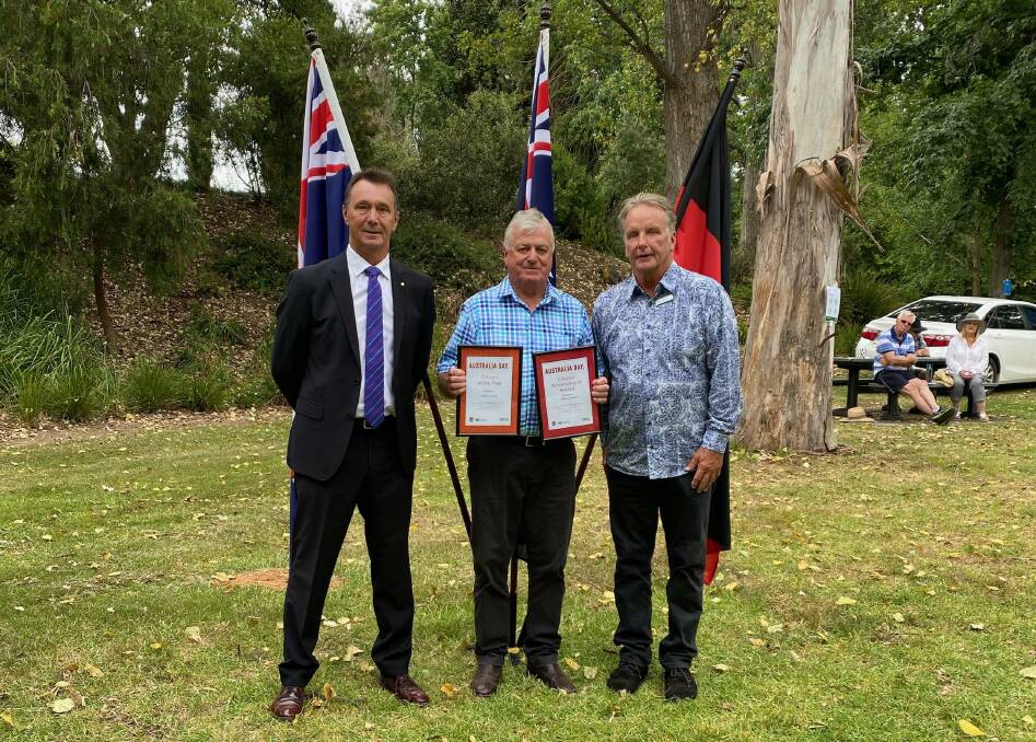 Mayor James Hayes, Snowy Valleys Citizen of the Year John Cruise and Australia Day Ambassador Peter Wilkins. Picture: Snowy Valleys Council