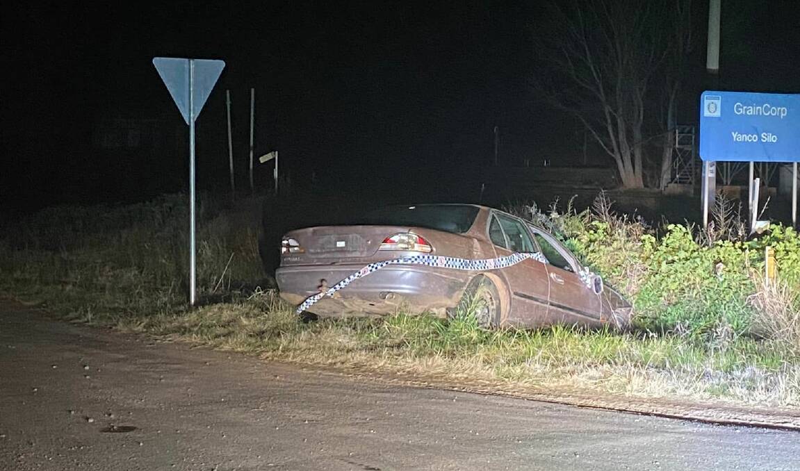 The crashed Ford Falcon on the Irrigation Way at Yanco. Picture: NSW Police