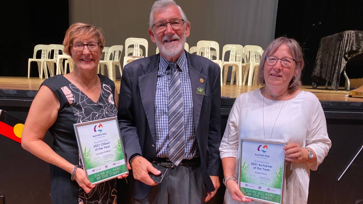 Leeton mayor Paul Maytom with Citizen of the Year Lorraine Kefford (left) and Achiever of the Year Karen Davy. Picture: Talia Pattison
